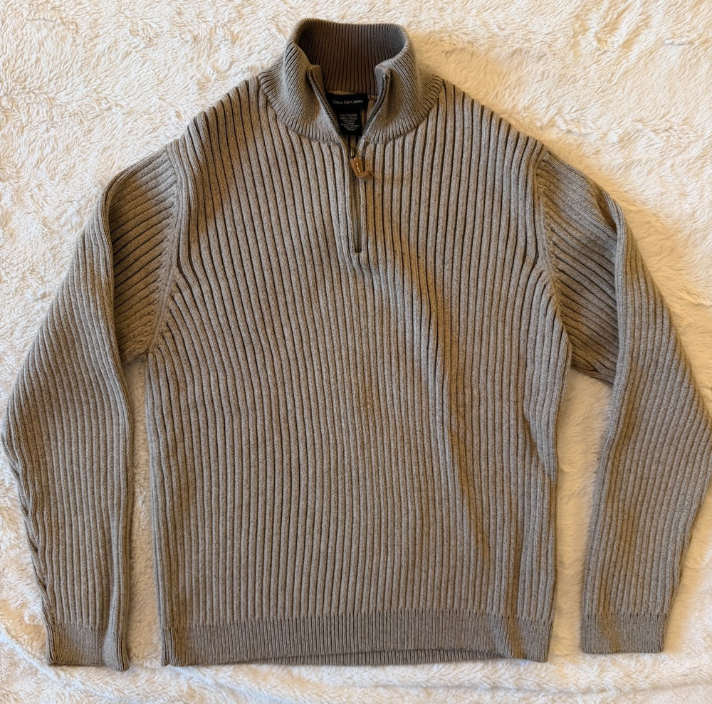 Calvin Klein 1/4 Zip Pullover Sweater Men 2XL Tan Beige Ribbed Knit Cotton